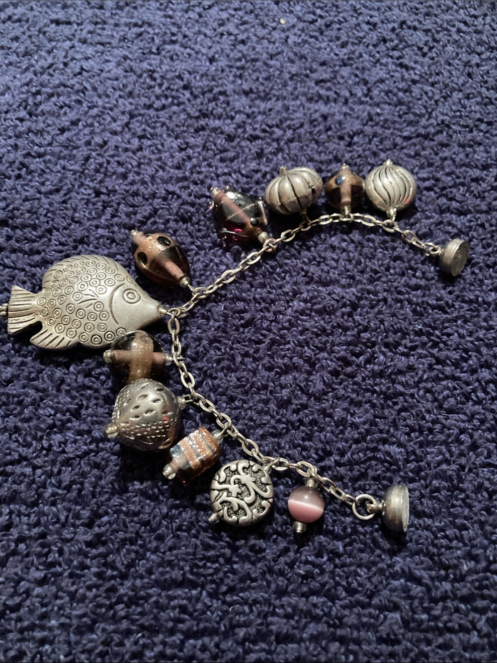 Silver-Tone Fish Charm Bracelet with Pink and Brown Beads